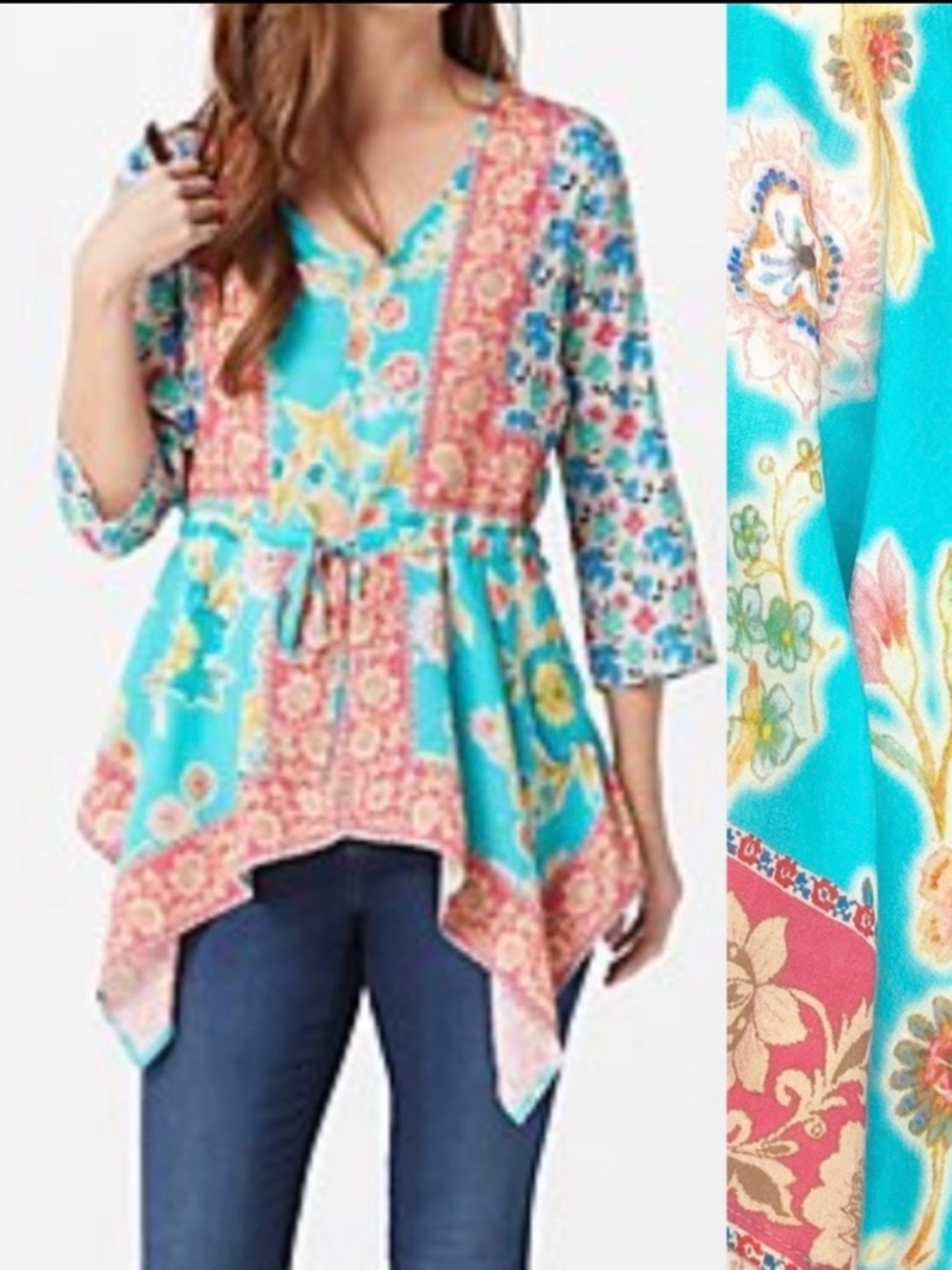 Anthropologie X Tolani Collection Patchwork Floral Boho Top Handkerchief Hem